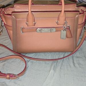 Coach Women’s Leather Satchel in Tan with Pink Trim